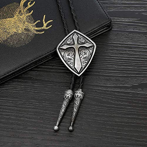 Starbrilliant Cowboy Western Tie Bolo Tie For Men Vintage Shield With Handmade Black Leather (Silver Cross) #TOP4
