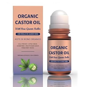 Organic Castor Oil Roll-On with Rose Quartz, 100% Pure Cold-Pressed & Unrefined, Hexane-Free, For skin, Eyebrows and Eyelashes, 50mL 1.7oz