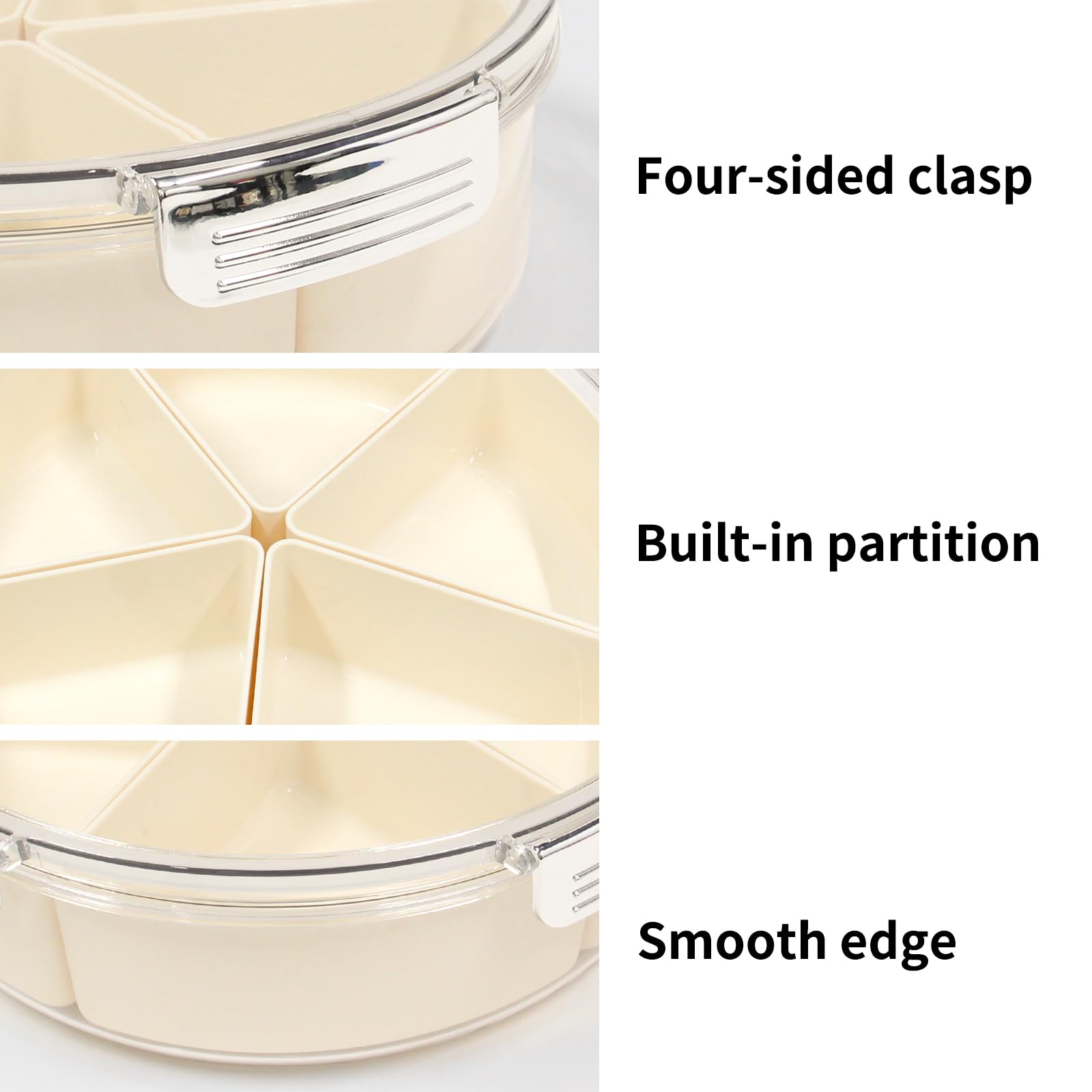 Yuroochii upgraded Round Divided Serving Tray with Lids, 5-compartment Snackle Box Container, Vegetable Fruits Tray Fresh-keeping Box, Candy Nuts Snack Party Appetizer Tray, cream white