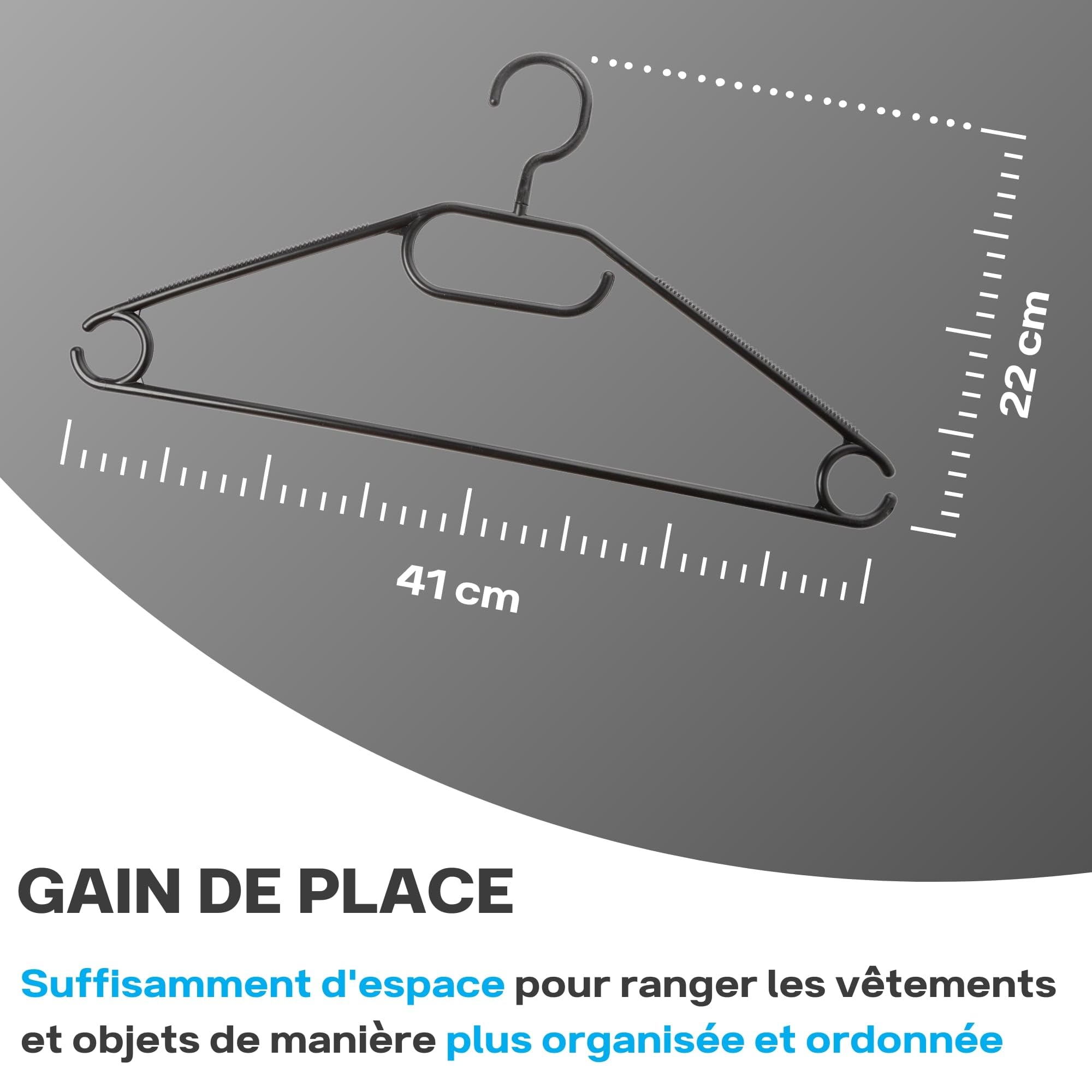 Lot de 100 cintres noirs robustes, crochets pivotants 360°, multifonctions en plastique de qualité supérieure, antidérapants, 100% matériaux recyclés