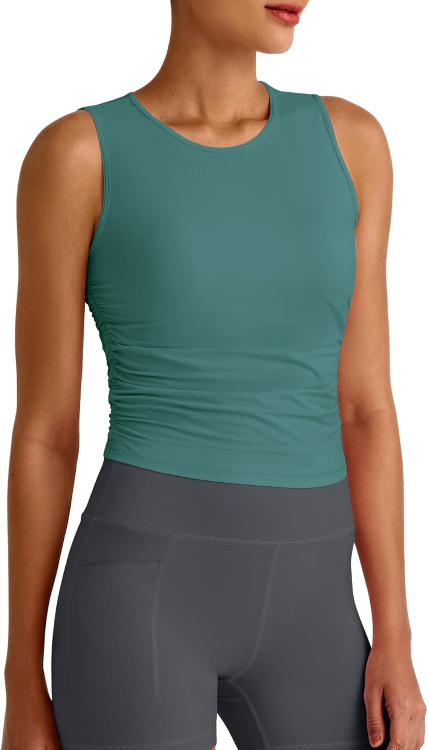 G4Free Skimetic Workout Tank Tops for Women Side Ruched Sleeveless High Neck Crop Top Summer Athletic Gym Shirts
