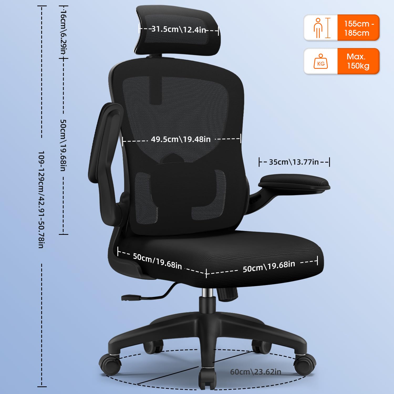 Chaise Bureau Ergonomique, Chaise de Bureau Inclinable Pivotant, Fauteuil de Bureau 150kg Confortable à roulettes, Appui-tête et Accoudoirs Ajustables, Siège Bureau avec Le Support Lombaire