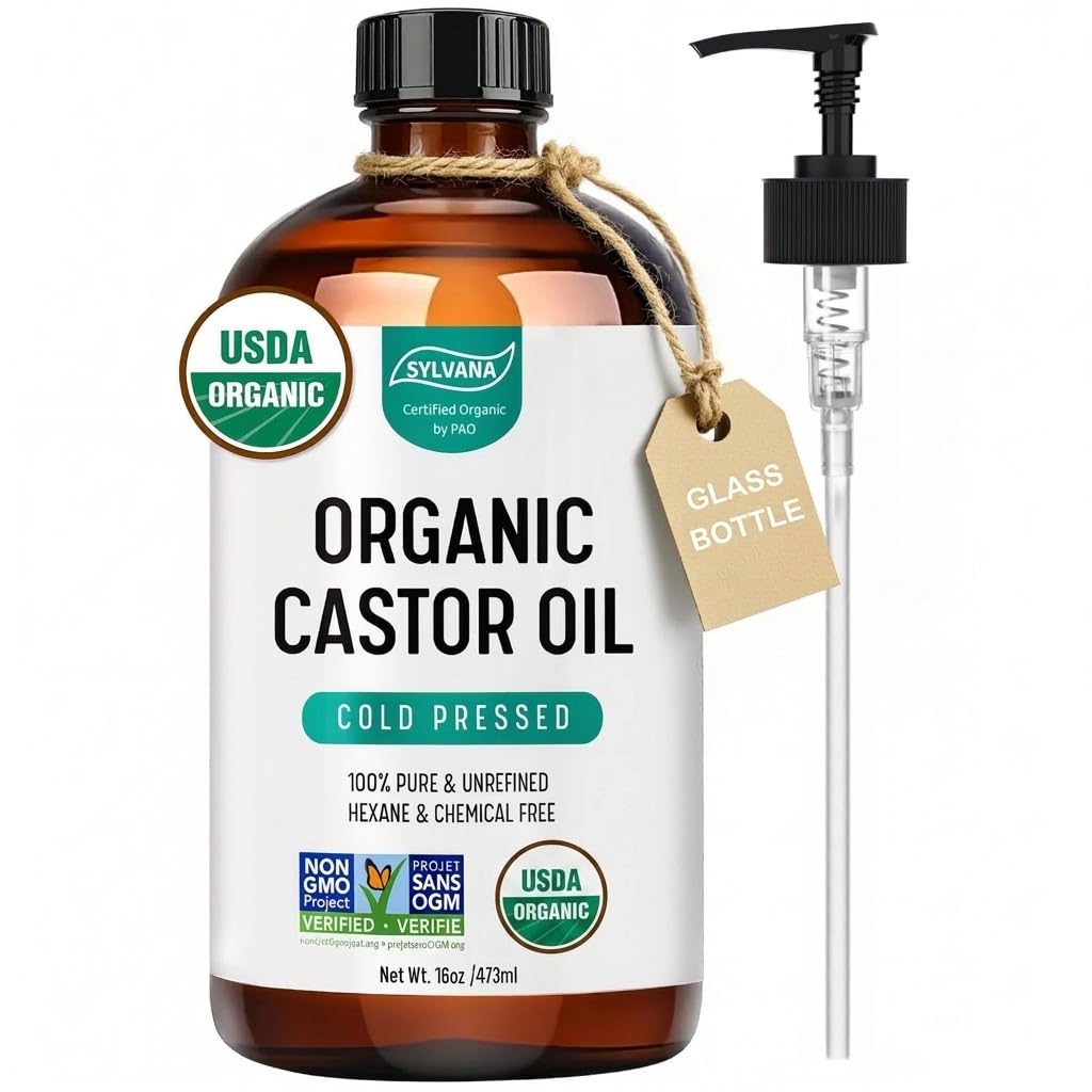 SYLVANA Organic Castor Oil with Pump (16oz Glass Bottle), USDA Certified Organic, Cold Pressed, Hexane Free, Vegan - 100% Pure Castor Oil for Hair Growth, Nourishing Skin, Lashes & Eyebrows