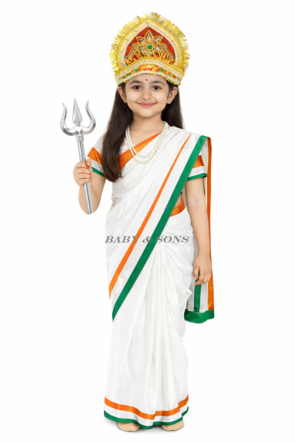 Baby & Sons Traditional Bharatmata Costume for Kids, White Saree with Tricolour Saree for Girls and Crown, Mother india costume For Girls Kids-image-11