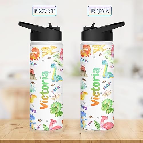 Miniatura 10 de winorax Botella de agua personalizada de dinosaurio de acero inoxidable con aislamiento de dinosaurio, botellas deportivas para niños pequeños,