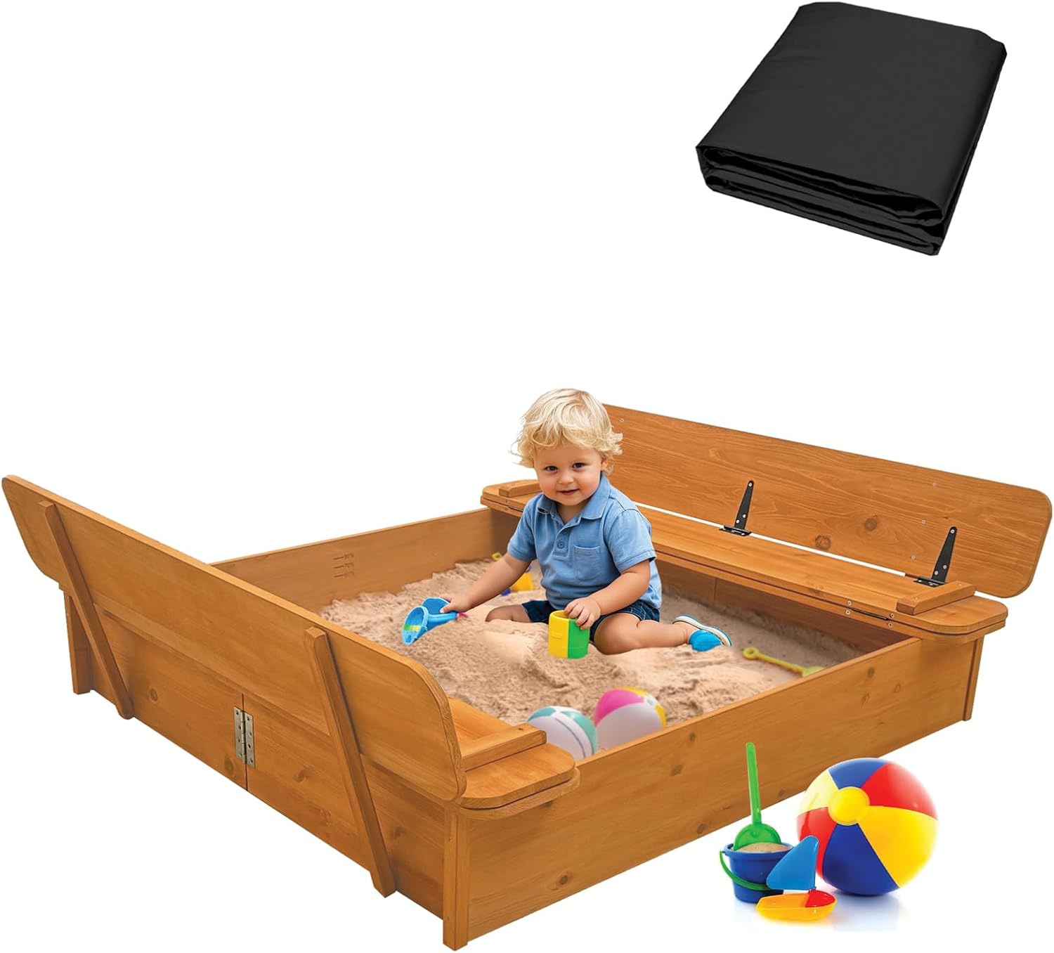 RUNSHED Wooden Sandbox with Lid & Canopy Cover, 48x48 Large Outdoor Sand Box for Kids Ages 4-8, with Foldable Bench Seats, UV-Resistant & Adjustable Height Roof & Bottom Liner