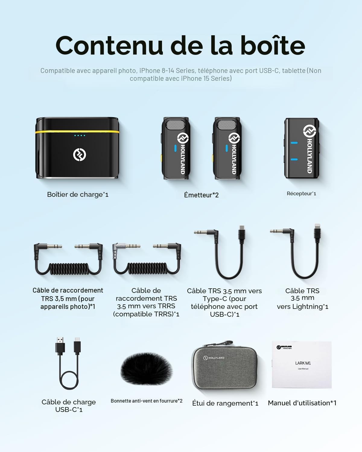 Hollyland Lark M1 Micro Cravate sans Fil Annulation Active Bruit 200m Portée, 20H Utilisation, Ultra-Mini Portable, Système de Microphones Lavalier pour DSLR Caméra iPhone Android PC (Noir Duo)