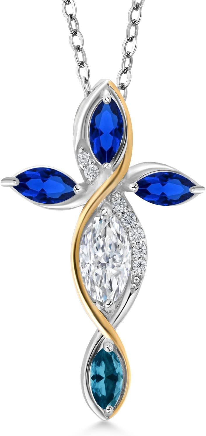Cross Necklace For Women In 925 Silver and 10K Yellow Gold with Moissanite and Created Sapphire and London Blue Topaz | 1.45 Cttw | Jesus Christian Religious Crucifix | Marquise 8X4MM | 18 Inch Chain