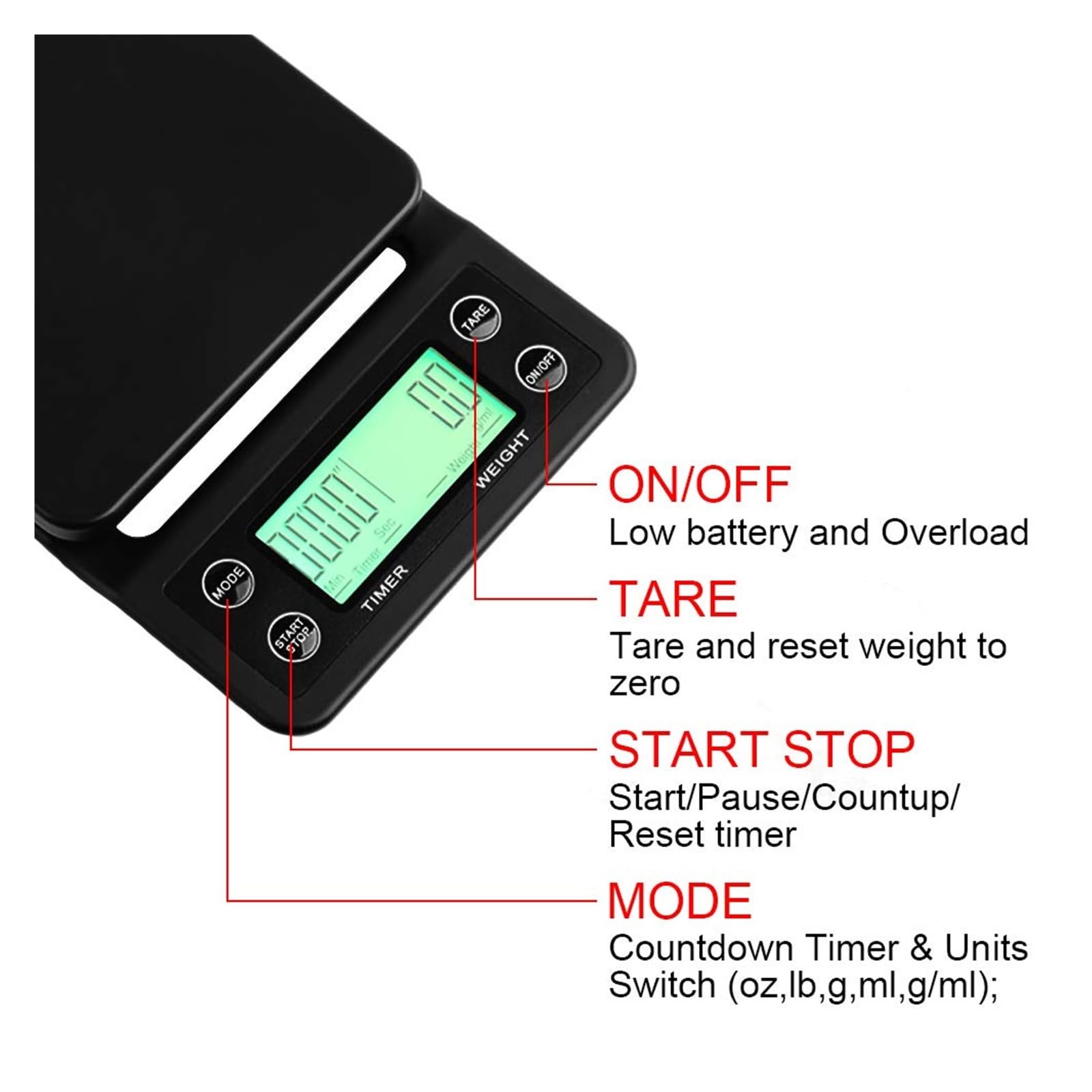 Digitale Küchenwaage, 3 Kg, 5, 0,1 G Kaffee Mit Einem Gewicht Von Tropfkaffee, Timer, Präzisions-LCD-Waage Genaue Messung(Red,3Kg)