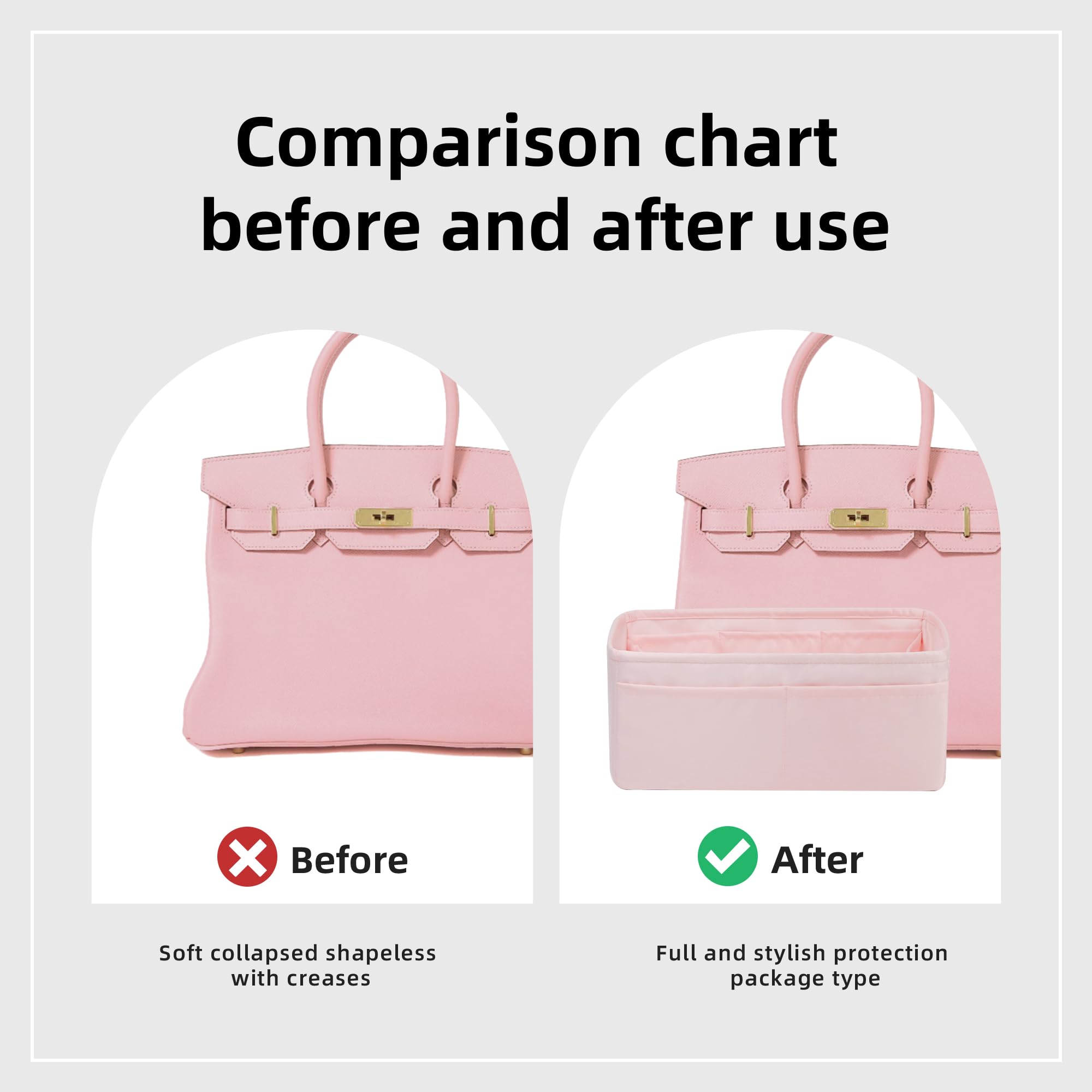 DGAZ Organizador de Bolso de Seda Premium, Inserto Ligero para Birkin 20/25/30/35/40/45/50, Forro Interior Elegante que Protege y Organiza (Rose Sakura, BK30)