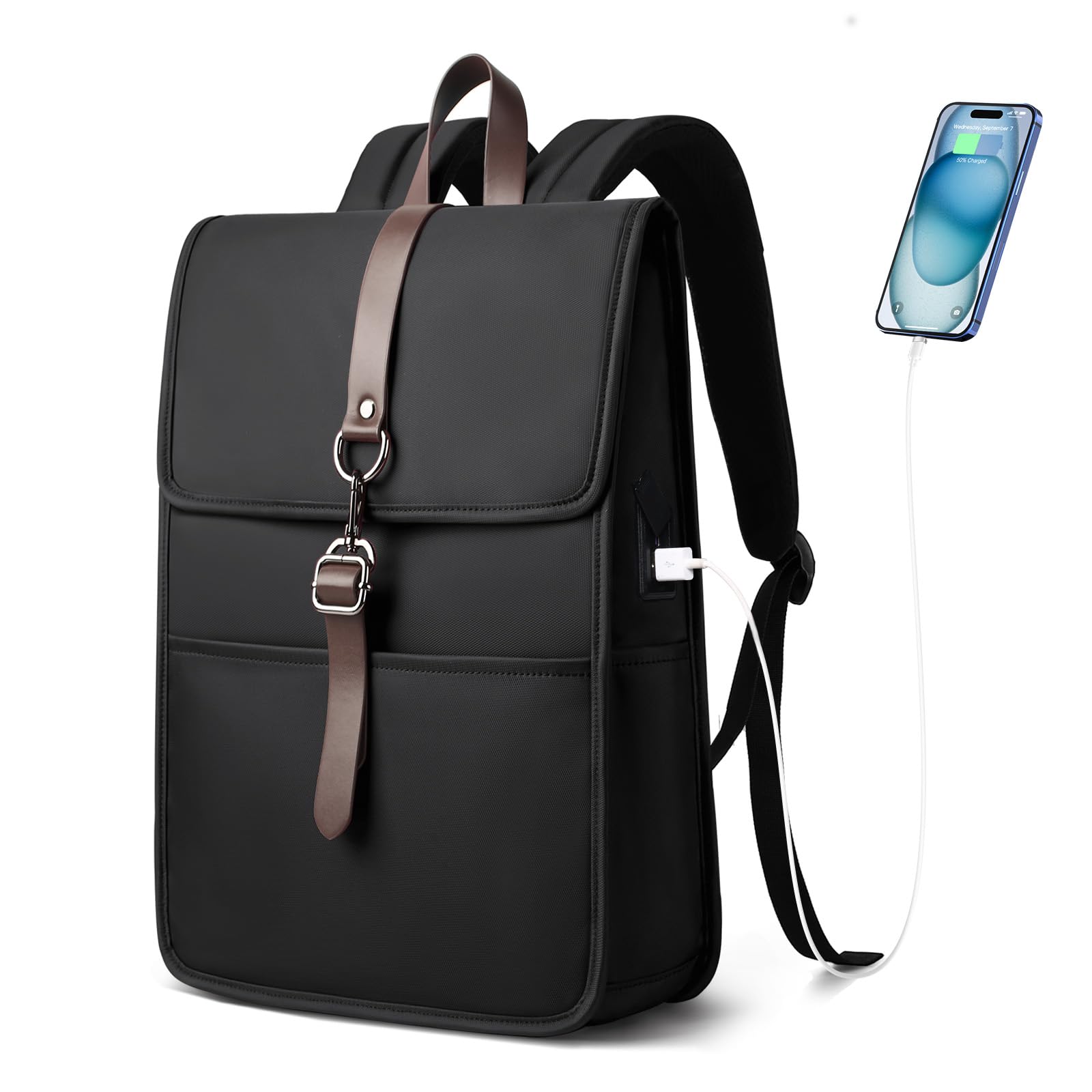 Sac à Dos Ordinateur 15.6 Pouces avec Port de Charge USB, Cartable Élégant pour le Travail, l'Université, les Cours, les Loisirs et les Affaires, pour Hommes et Femmes (14L) - Noir