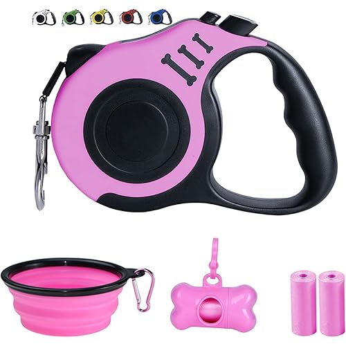 Dunhuang Retractable Dog Leash for X-Small/Small/Medium, 10ft (for Dogs Up to 22lbs), with 1 Free Portable Silicone Dog Bowl + 1 Waste Bag Dispenser + 3 Waste Bag (Pink)