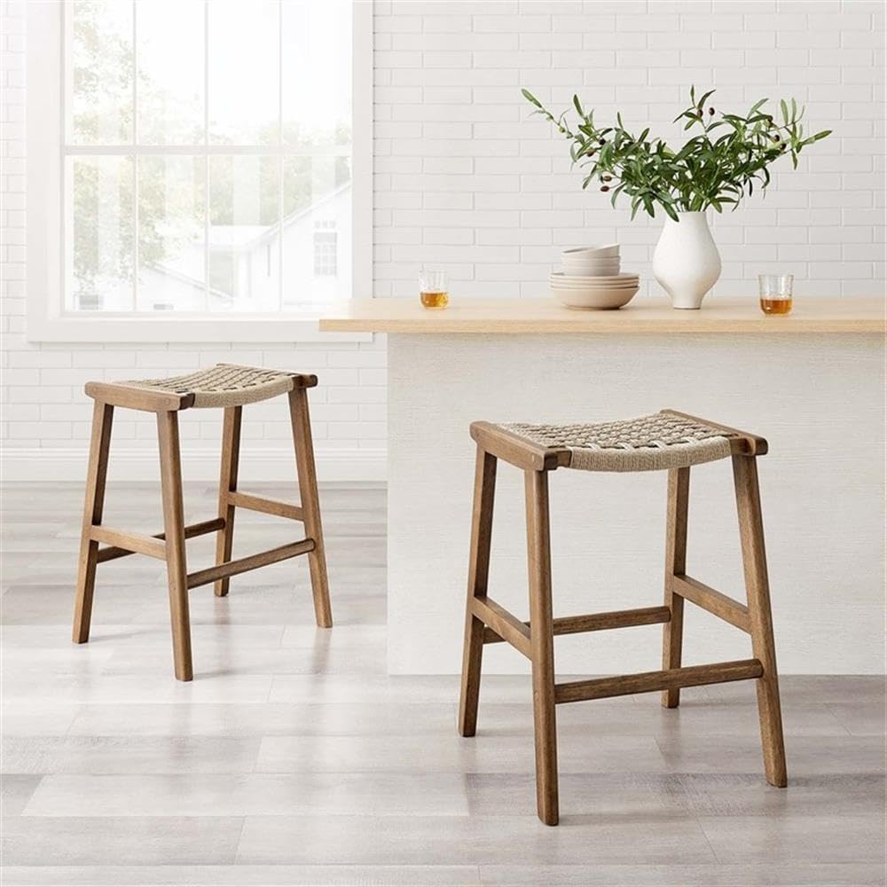 Modway Saoirse Woven Rope Wood Counter Stool - Set of 2 in Walnut Natural
