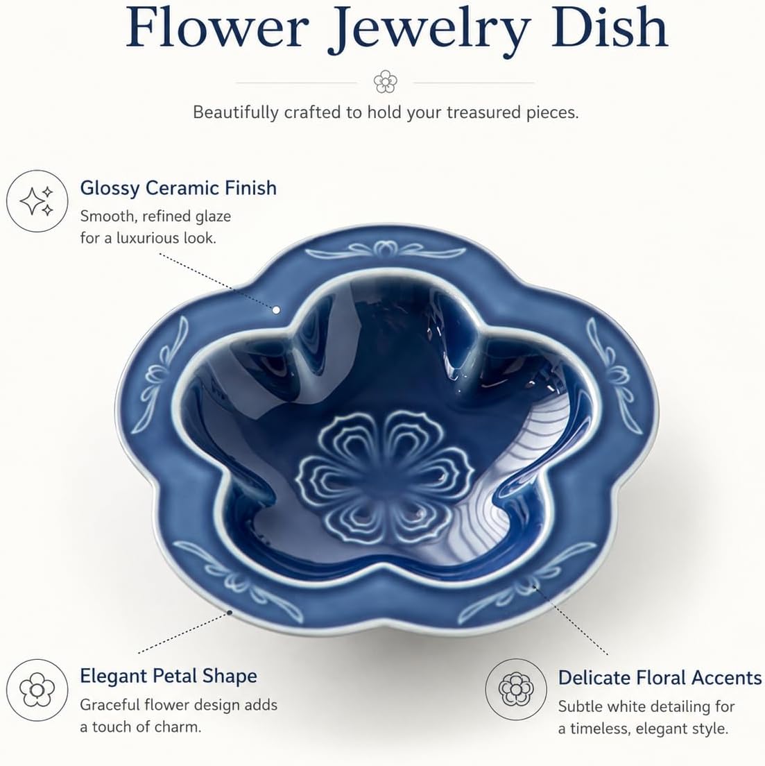 Blue Flower Ceramic Jewelry Dish Tray, Blue Wabi-Sabi Flower Trinket Tray, Glazed Ring Holder Organizer for Earrings Necklace Keys, Minimalist Vanity Decor Catchall Dish, Gift for Women image 2
