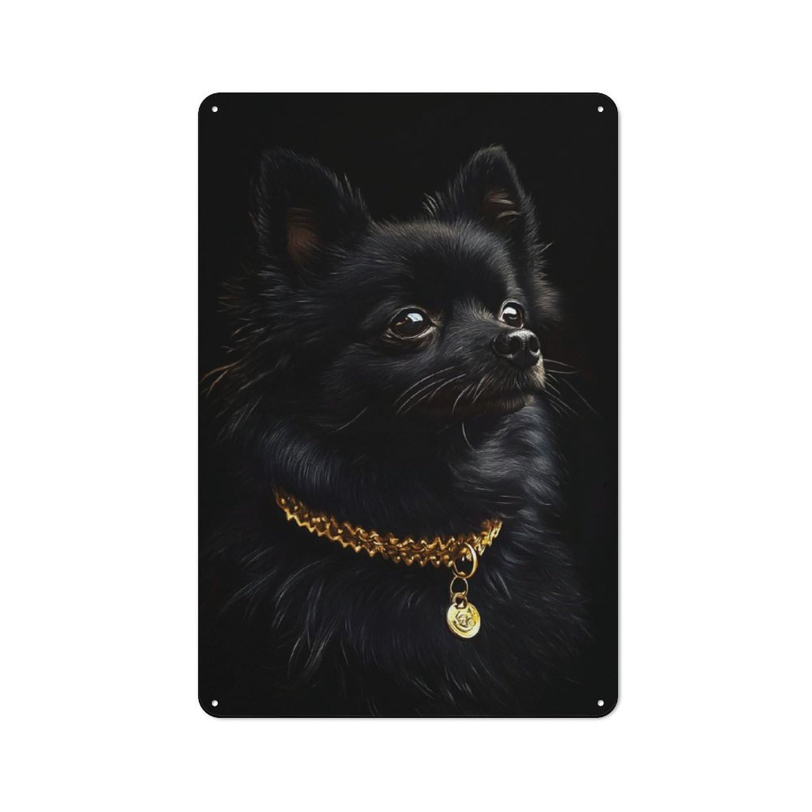 Junmoney Black & Gold Pomeranian Rustic Tin Wall Plaque 30X20cm For Studio Or Craft Room, For Garage, Workshop And Man Cave Decoration