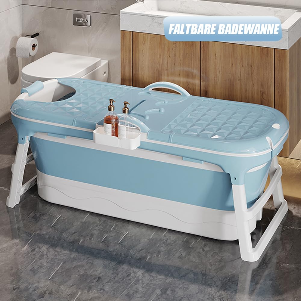 Vasca da bagno pieghevole per adulti, vasca da bagno portatile, barile da bagno, piscina da bagno in plastica, vasca da bagno extra grande per adulti con coperchio, 118 x 60 x 53 cm (blu)