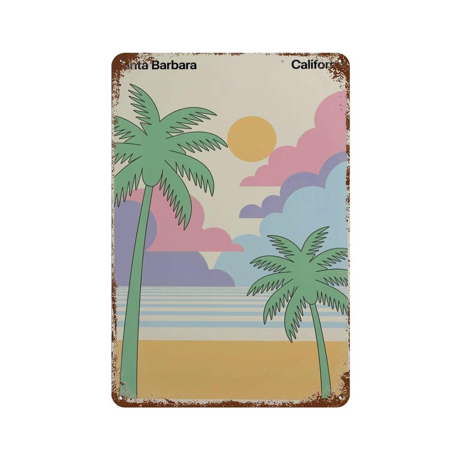 xiaoxiaoshen Santa Barbara California Palm Tree Retro Graphic Coastal Beach Unique Wall Decor Art Metal Tin Poster Modern Home Decor Art Home Bar Shop Decorations Vintage Sign 30x20cm