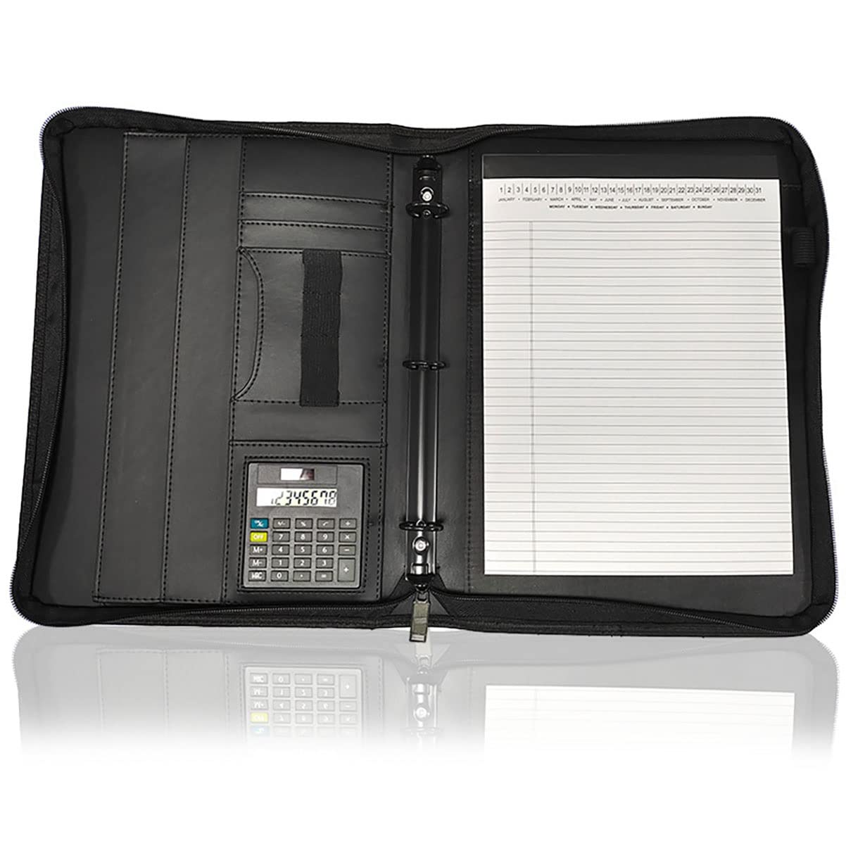 Organizzatore di cartelle Padfolio A4 Padfolio Portfolio Organizzatore a 3 anelli Raccoglitore Cartella in pelle PU Documenti aziendali Notebook Portfolio con cerniera for donne/uomini(Black C)