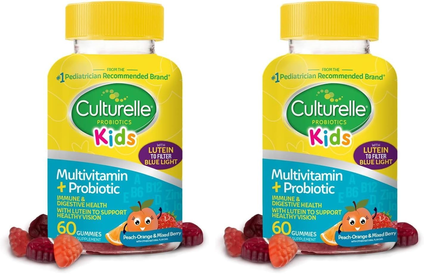 Culturelle Kids Multivitamin + Probiotic for Kids (Ages 2+), Peach-Orange & Mixed Berry Flavor - Digestive Health & Immune Support Gummies with Lutein to Support Eye Health, 60 Count (Pack of 2)
