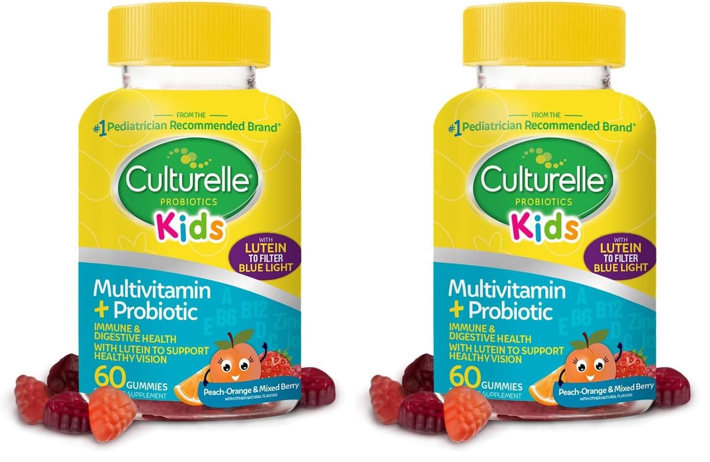 Culturelle Kids Multivitamin + Probiotic for Kids (Ages 2+), Peach-Orange & Mixed Berry Flavor - Digestive Health & Immune Support Gummies with Lutein to Support Eye Health, 60 Count (Pack of 2)