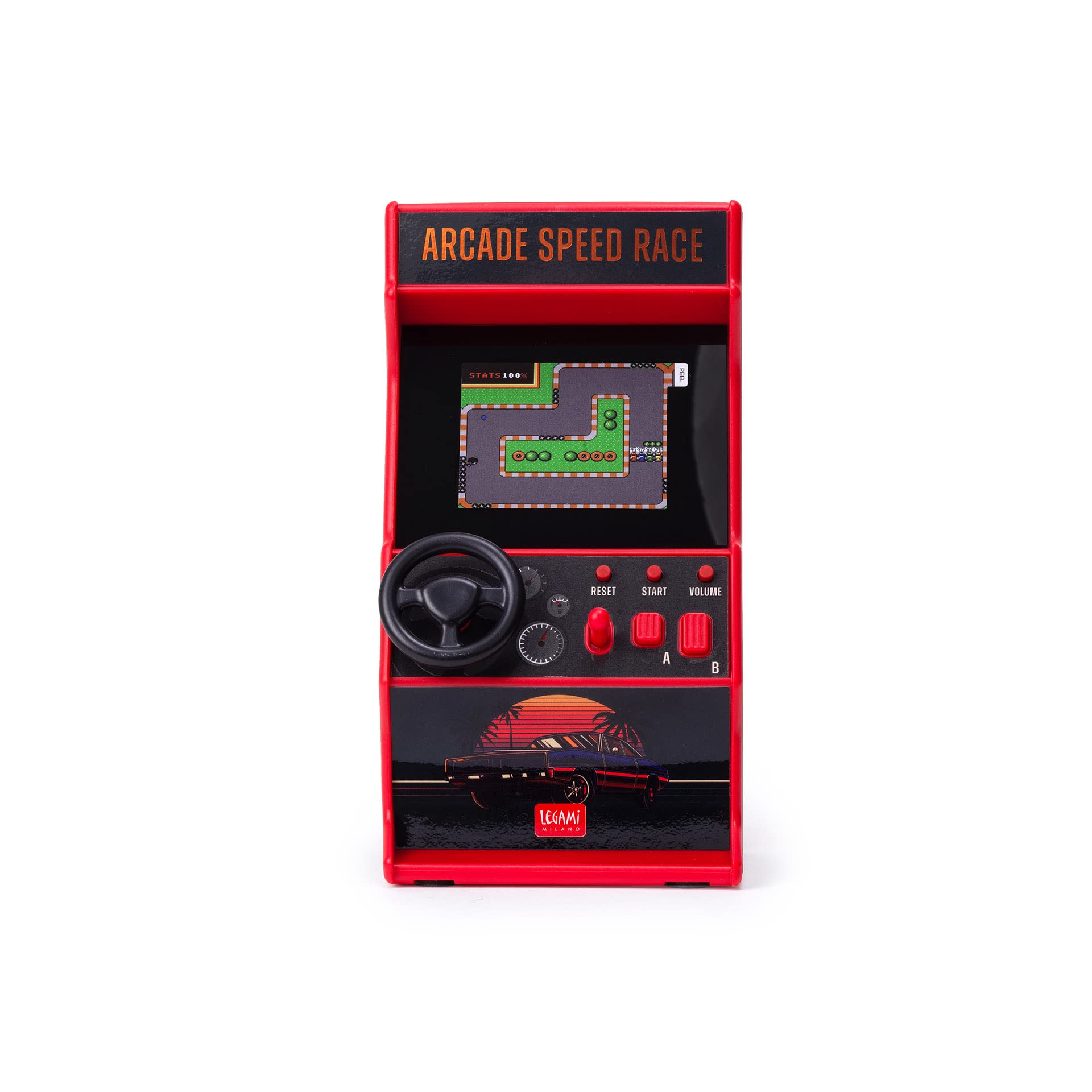 Legami - Mini Arcade Speed Race Video Game, Includes 30 Games, English Language, Lights and Sounds, 3 AA Batteries Not Included, 8.5X26cm, 2.4" Screen, RAC0001