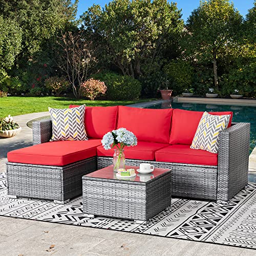 JAMFLY Outdoor Furniture Patio Sets, Low Back All-Weather Small Rattan Sectional Sofa with Tea Table&Washable Couch Cushions Upgrade Wicker Silver Gray Rattan 3-Piece (Red) JAMFLY Outdoor Furniture Patio Sets, Low Back All-Weather Small Rattan Sectional Sofa with Tea Table&Washable Couch Cushions Upgrade Wicker Silver Gray Rattan 3-Piece (Red)