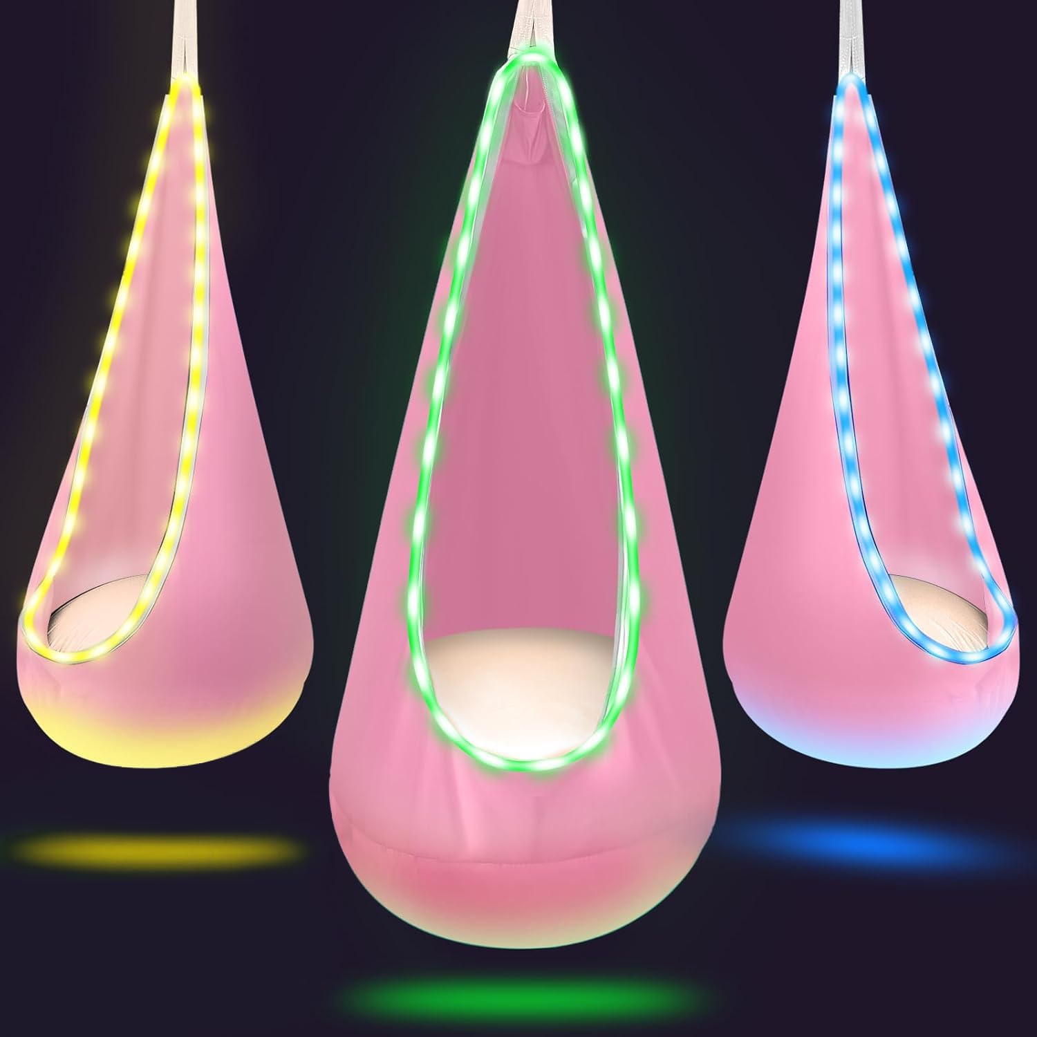 Light Up Swing Chair Hammock Chair Indoor Outdoor for Kids Pod with LED Lights, Soft and Safe, 176 lb. Load Capacity, Easy Installation, Perfect for Bedroom, Garden, and Playroom (Pink)