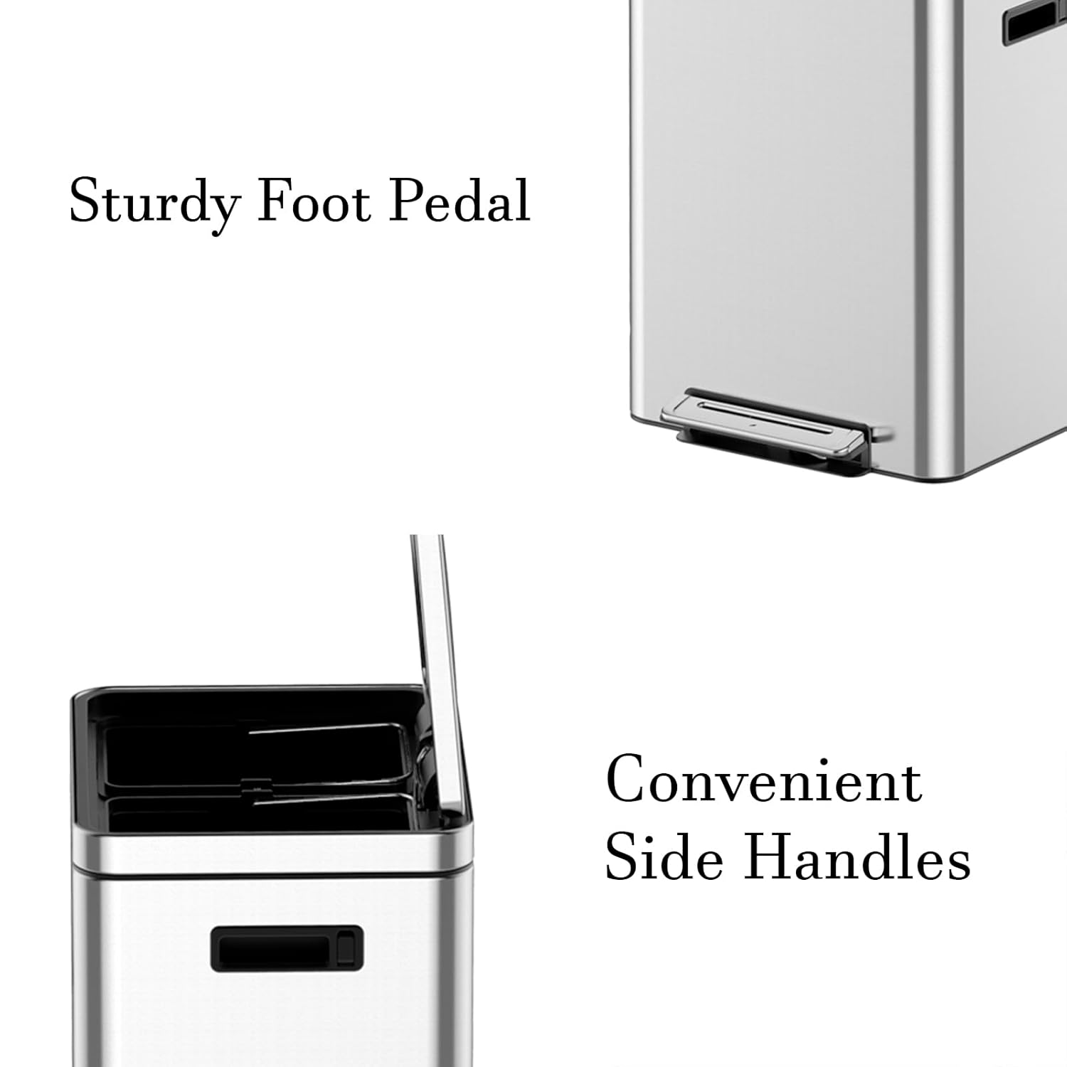 Fashionwu 36 L/9.5 Gallon Trash Can, Rectangular Garbage Can with Soft-Close Foot Pedal, Double Compartment Classified Garbage Can, Stainless Steel Trash Can with Metal Lid & Removable Inner Bucket