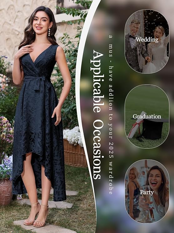 Women's Elegant Wedding Guest Dress Jacquard Summer Sleeveless A Line High Low Midi Length Formal Dress with Belt Navy Blue M4