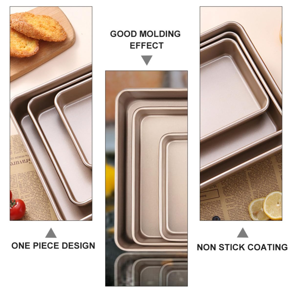 jojofuny Lot de 3 Plaques de Cuisson Rectangulaires en Acier Carbone Or, Moules à Pâtisserie Antiadhésifs pour Four, Design Simple, Cuisson Familiale