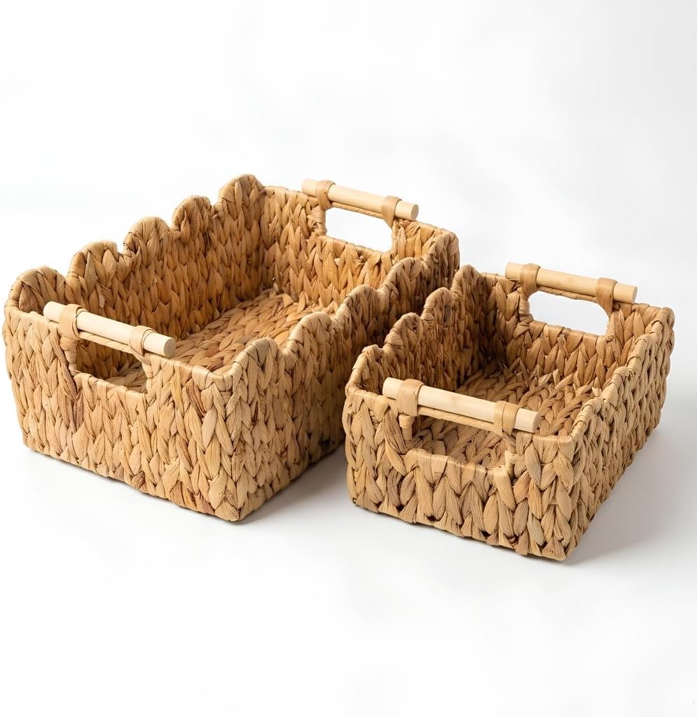 Scalloped Water Hyacinth Basket - Set of 2 Rectangular Wicker Storage for Bathroom Organizer, Nursery & Shelves - Aesthetic Woven Basket for Toilet Paper, Diapers or Boho Decor