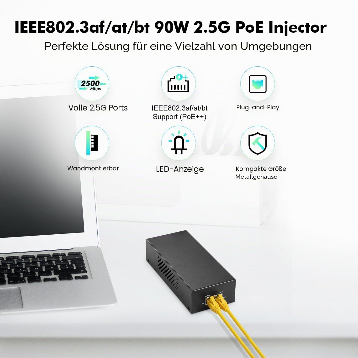 YuLinca 2.5 Gigabit PoE+ Injector, 802.3af/at/bt 90W Power Over Ethernet PoE Adapter, 100/1000/2500Mbps, Nicht-PoE zu PoE Adapter, Plug & Play, Entfernung bis zu 100 Meter (328 ft.)
