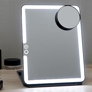 FUNTOUCH Folding Travel Makeup Mirror, Rechargeable 1800mA Portable Lighted Makeup Vanity Mirror with 10X Magnifying Mirror, 3 Colors Dimmable Ultra Thin Cosmetic Mirror Makeup Mirror with Lights