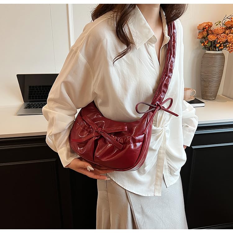 Women Bow Leather Pleated Crescent Shoulder Bag Adjustable Single Strap Crossbody Bag Solid Color Luxury Elegant Ruched Bag Z2