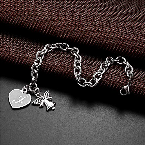 M Mooham Charm Bracelets For Women Girls, Silver Initial Charm Courage Bracelets Stainless Steel Heart Letter J Guardian Angel Bracelet Nurse Gifts Teen Girls Jewelry Toddler Charm Bracelet #TOP3