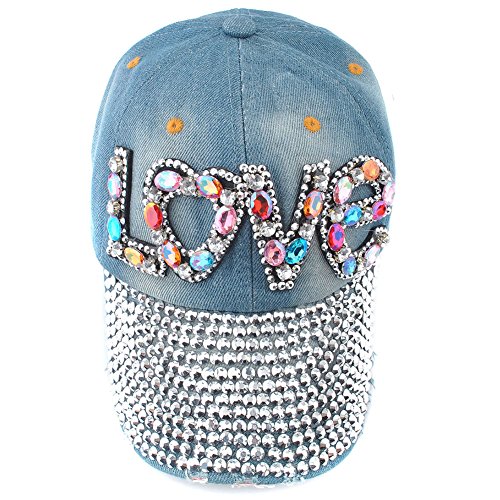 Elonmo Cute Letter Love Womens Baseball Cap Jewel Rhinestone Bling Hats Jeans Wash Denim (Blue) #TOP1