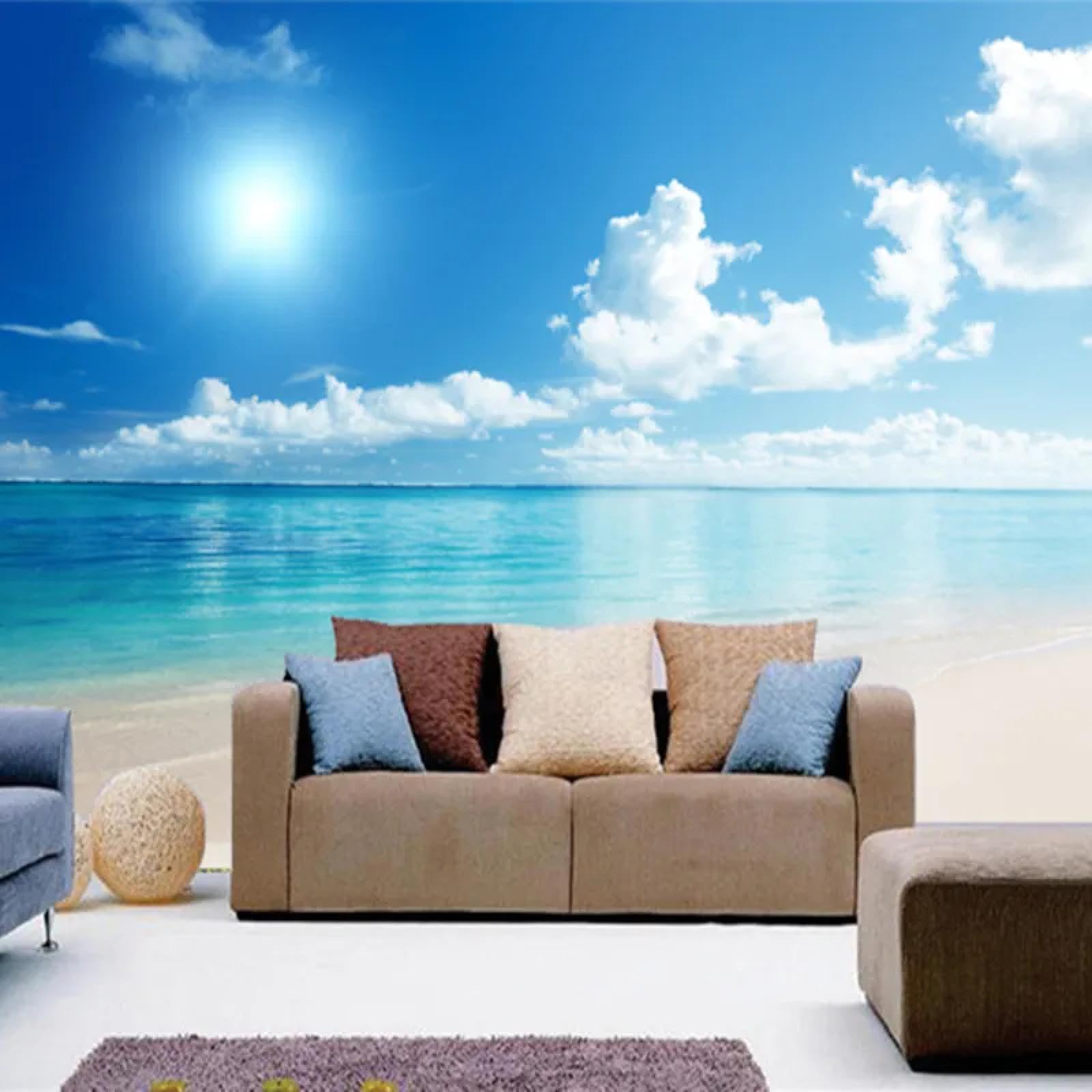 Papier peint plage 3D autocollant en PVC trompe l'oeil pour mur de salon