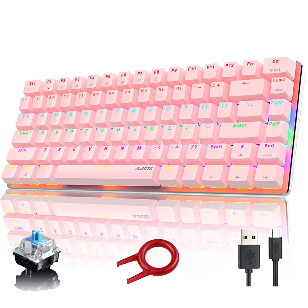 Hoopond Mechanical Keyboard, AK33 8 Rainbow LED Backlit USB Cable Gaming Mechanical Keyboard, 82-key Compact Mechanical Gaming Keyboard with Anti-ghosting Keys for Gamers & Typists(Blue switch, Pink)