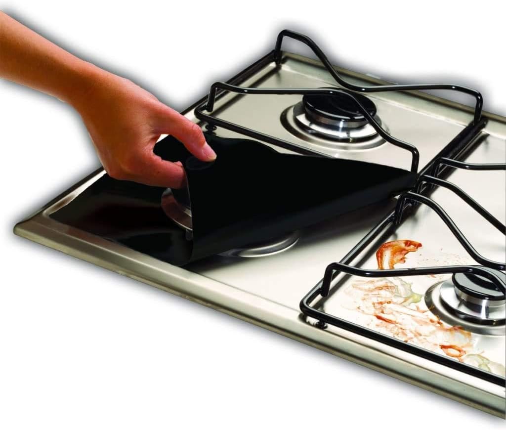 Gas Stove Burner Liners, 4 Pack Non-Stick Reusable Gas Range Protectors Top Covers for Gas Burners Heat-resistant, Double Thickness, 10.6”x10.6” (Black)