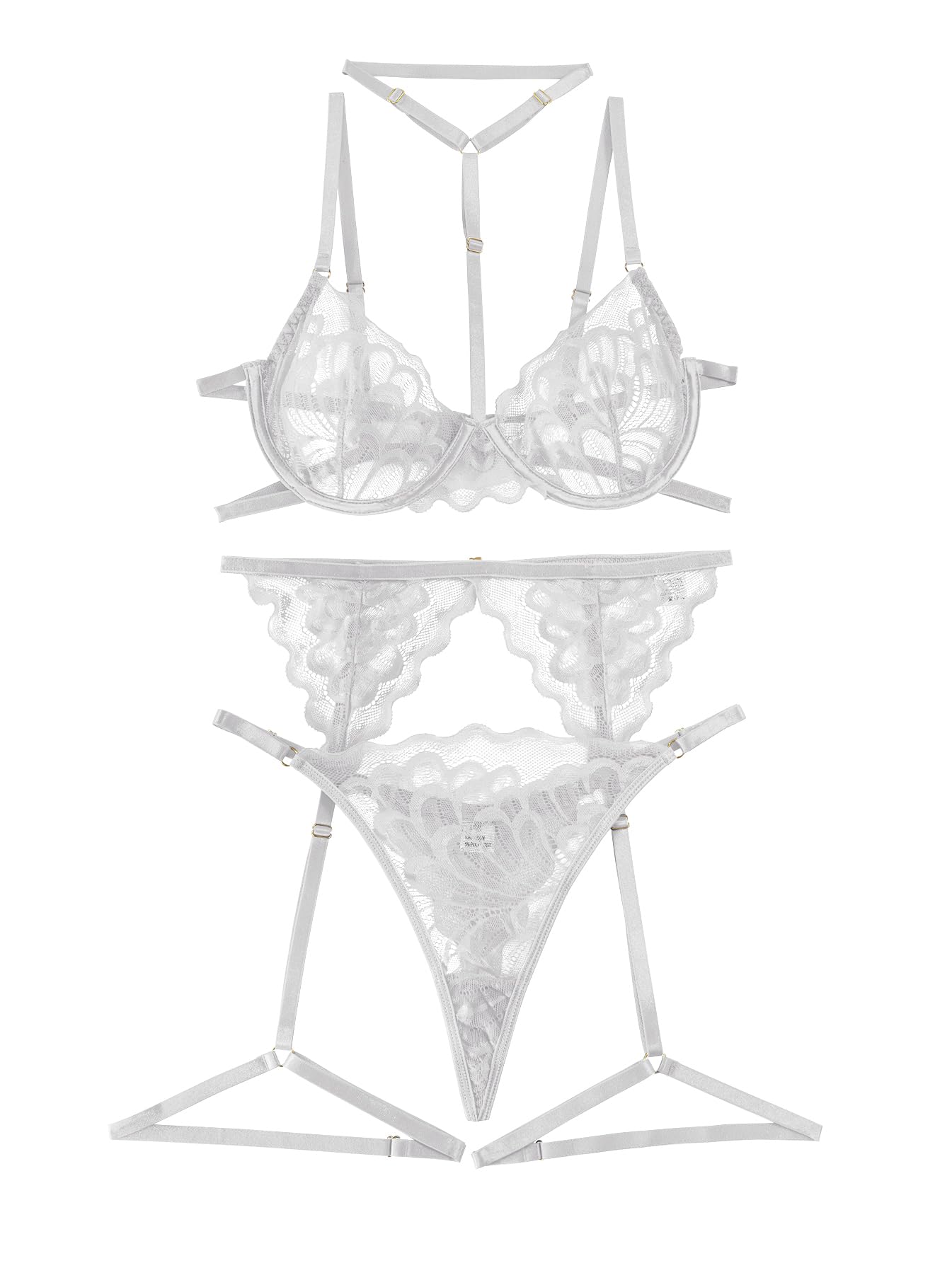 Lilosy Sexy Choker Floral Lace Scallop Sheer Underwire Push Up Garter Belt Lingerie Set 3 Piece: Medium White