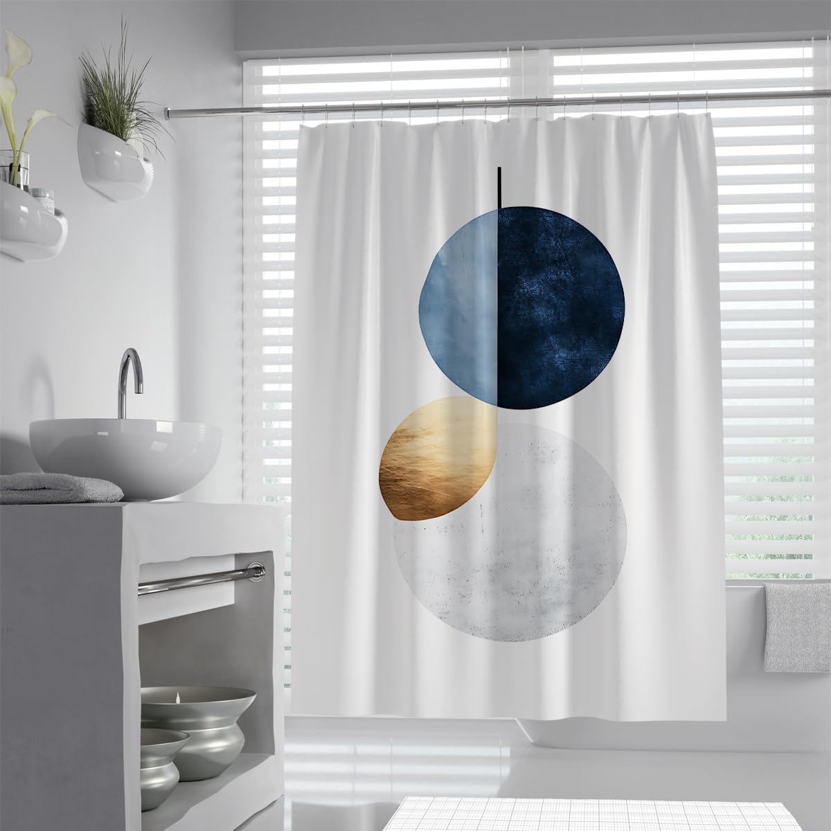 UIRINGART Minimalist Geometric Circles Shower Curtain W90xL180cm Nordic Abstract Hanging Planets Pattern Water Repellent Easy Clean Walk In Bathroom Screen With Hook
