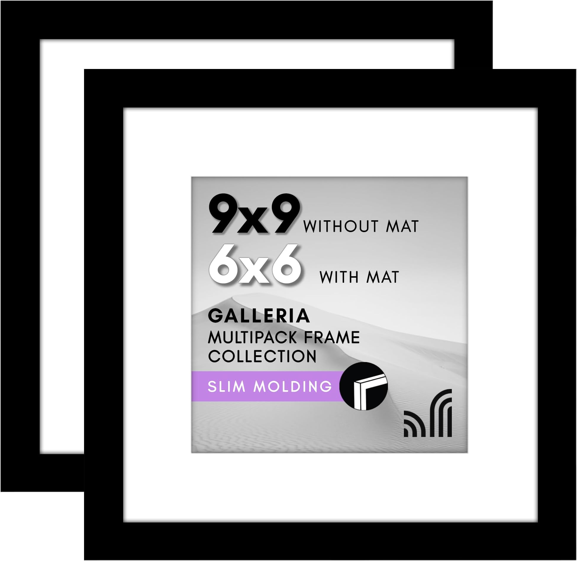 Americanflat 9x9 Picture Frame with Polished Plexiglass - Set of 2 - Use as 6x6 Frame with Mat or Display 9x9 Photo Without Mat - Galleria Collection - Square Frames for Tabletop and Wall - Black