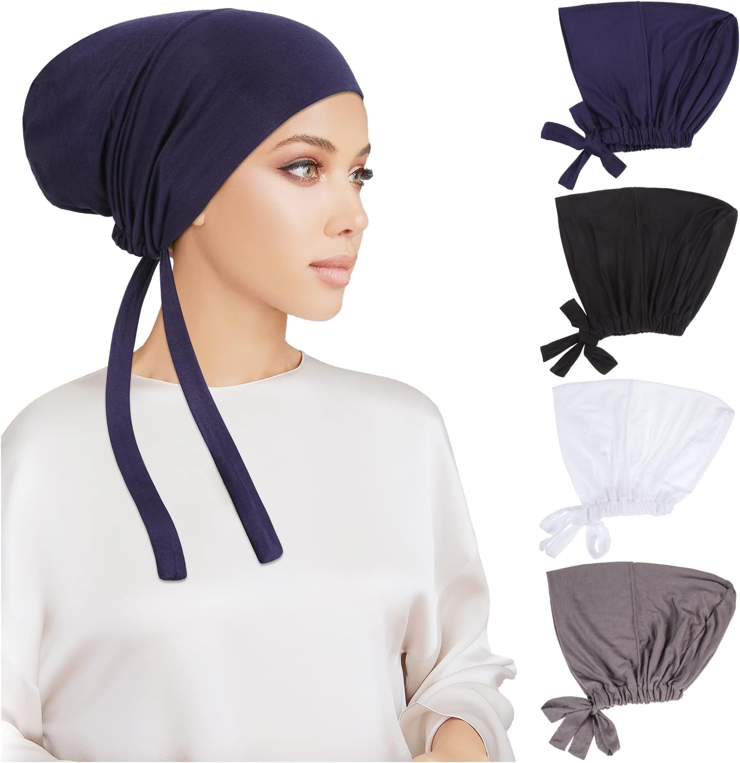 4 Pcs Women Hijab Undercap, Islamic Muslim Under Hijab Cap Inner Under Scarf Hat Turban with Tie Back Closure