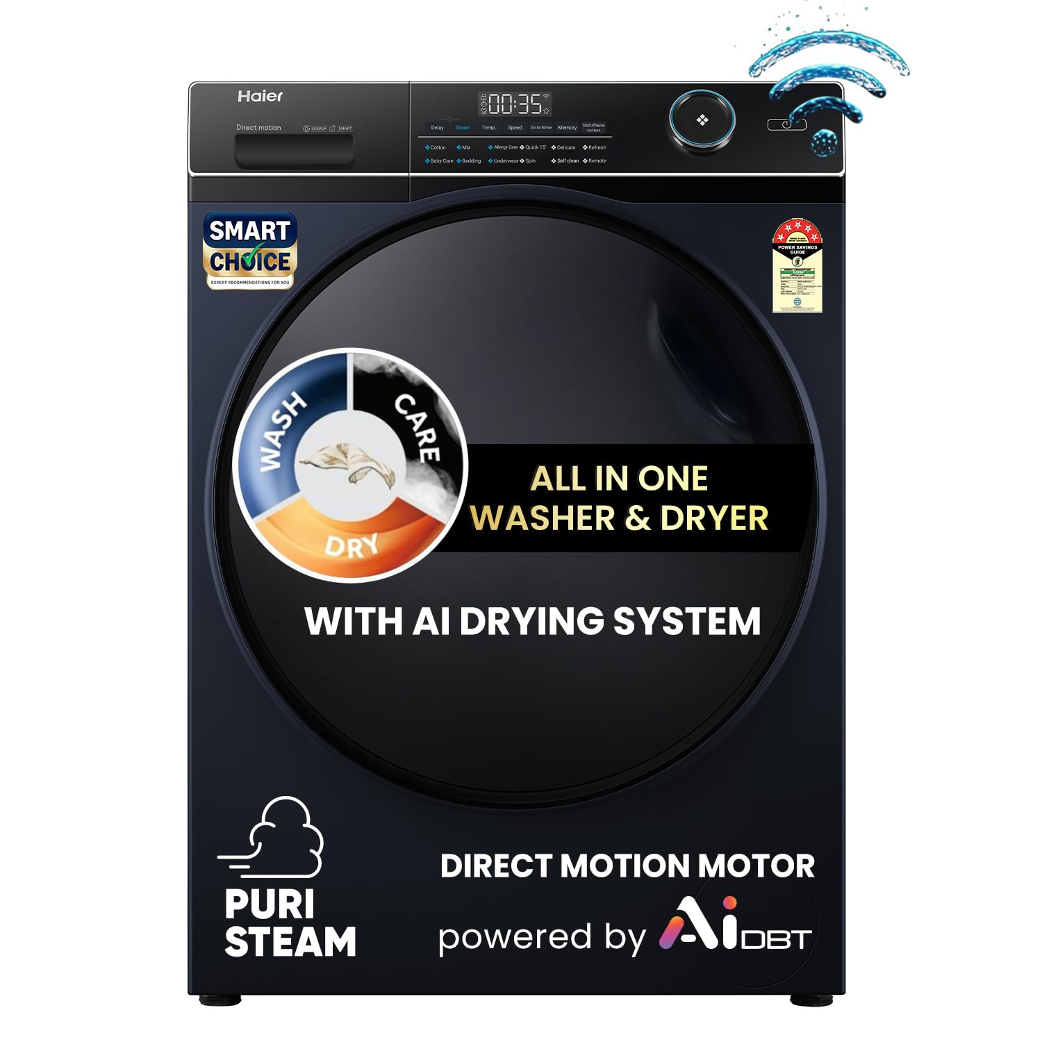 Haier 11Kg 5 Star Washer Dryer, AI-DBT, Direct Drive Technology,Wifi,PuriSteam,I-Refresh, Fully Automatic Front Load Washing Machine(EFLD110-DM14IEICBKU1,11Kg Washer/ 7Kg Dryer,In-built Heater,Black)-image-0