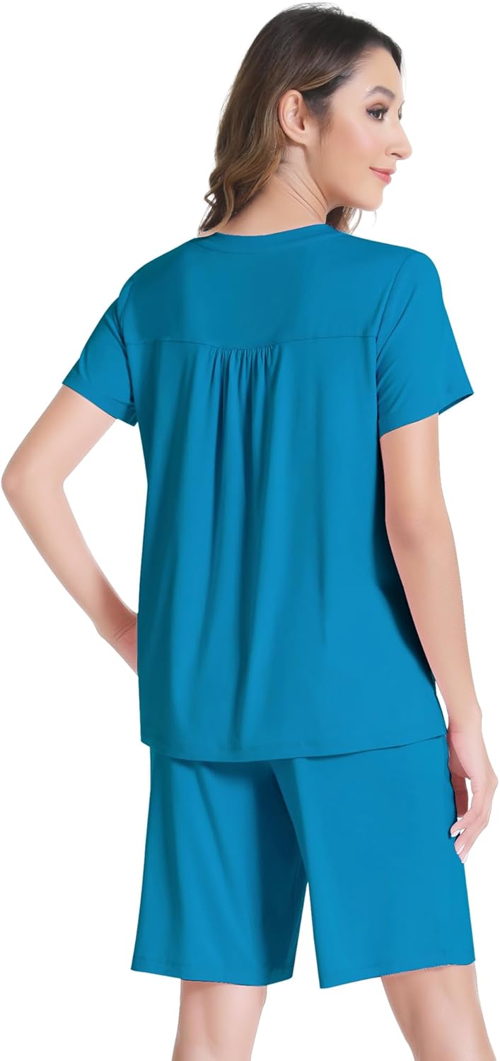 NACHILA Pajamas for Woman-Viscose Made from Bamboo,Short Sleeve Pajama Shorts Set Crew Neck Sleepwear Pleated Pjs Soft Top - Image 3