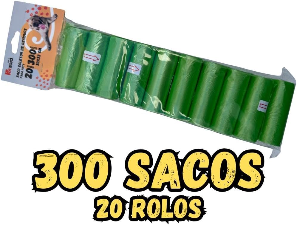 Kit 20 Refis Rolos de Cata Caca, 300 Saquinhos Higiênicos para Cães Pets, Biodegradável, Resistente e Durável