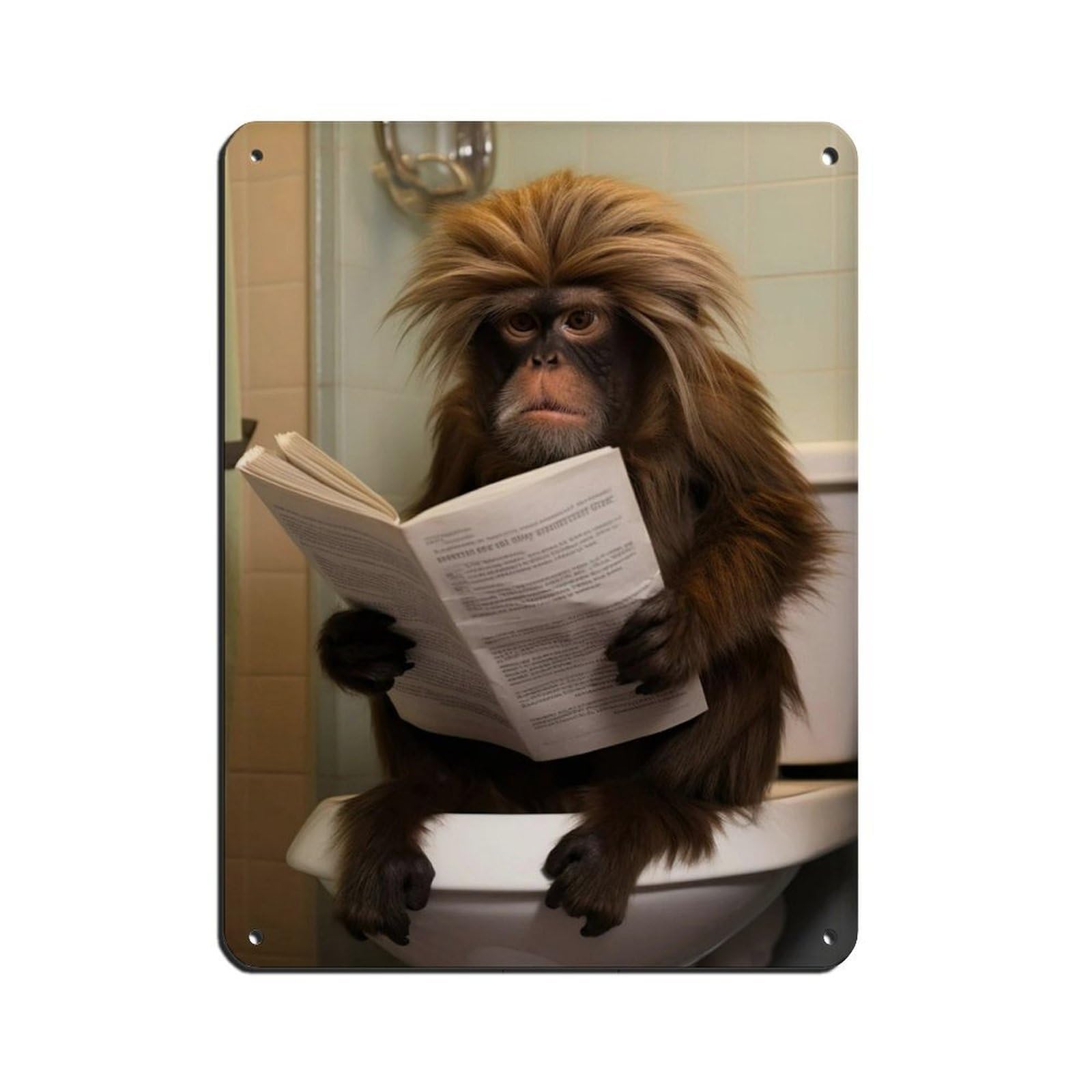Tamarin Monkey Sitting on The Toilet Reading A Newspaper (7) Tin Sign Vintage Metal Pub Club Cafe Bar Home Wall Art Decoration Poster Retro 12x16inch(30x40cm)