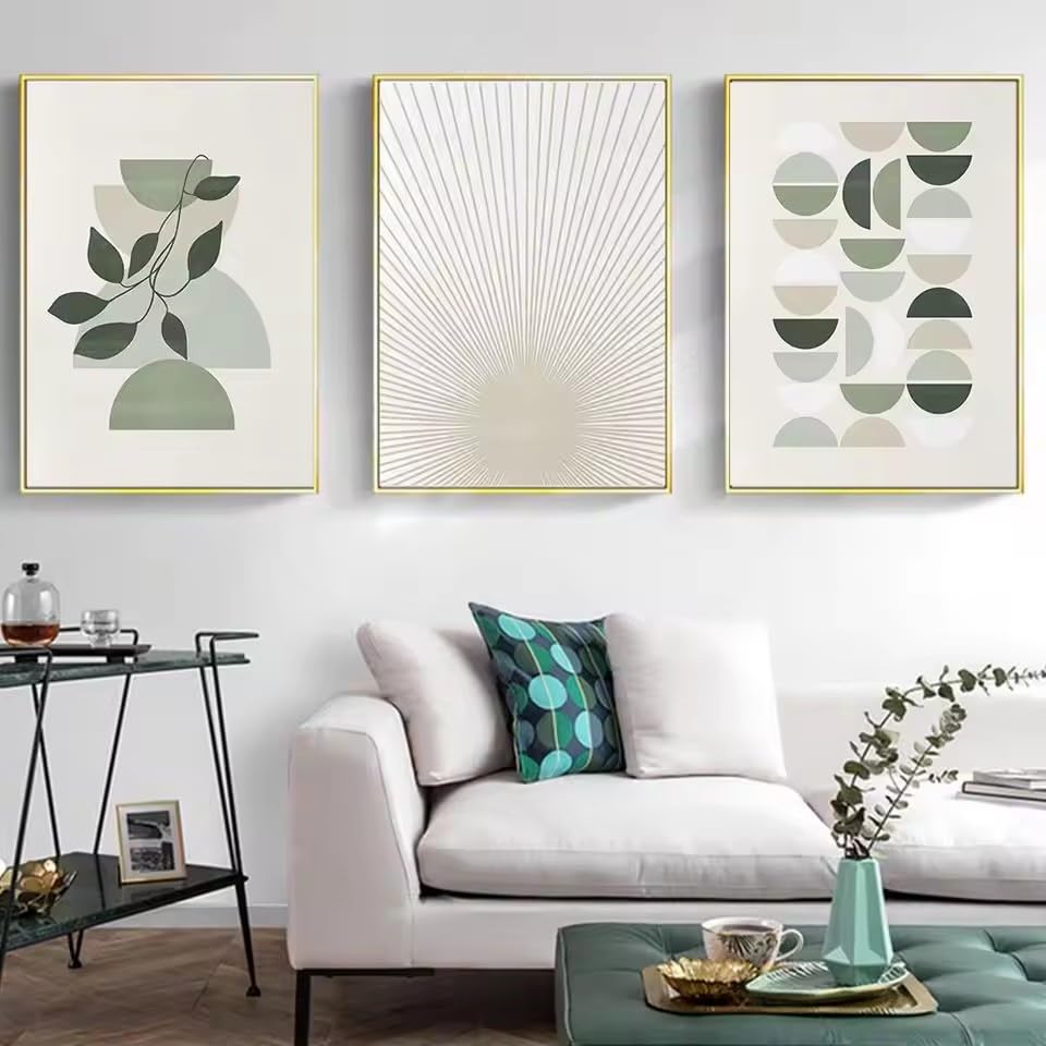 DIHANSM Abstrakte beige Geometrie-Poster, salbeigrüne Sonne, Mond, Blatt, Leinwandbild, Kunstdruck, Wandbilder, Wohnzimmer, Heimdekoration (60 x 80 cm x 3/Galerie-Rahmen)