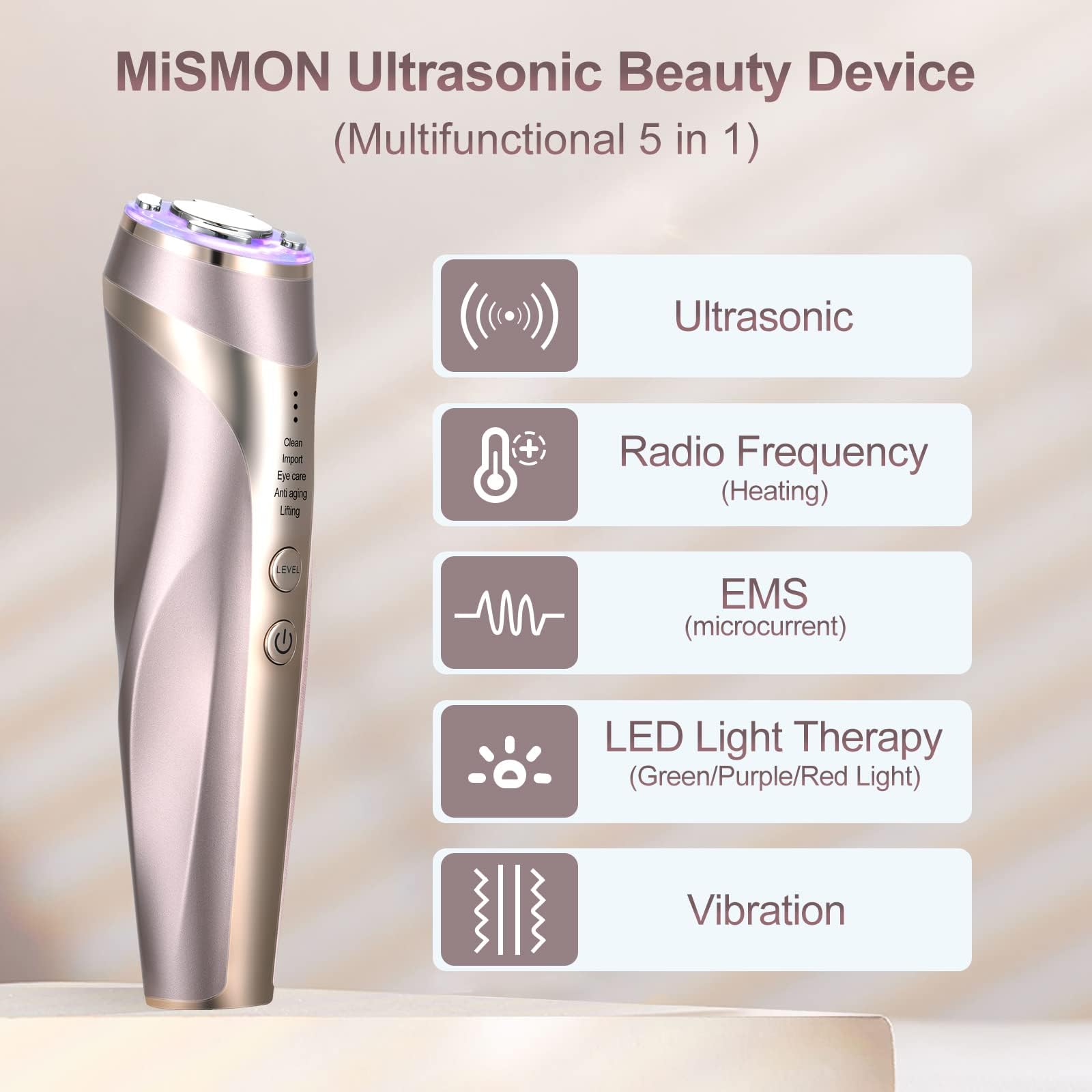 Radiofrequenz und Ultraschallgerät für das Gesicht,5 in 1 Gesichtsmassagegerät Faltenentferner RF EMS Lichttherapie,für Lifting Gesichtsmassage Anti Falten Anti-aging,USB Wiederaufladbar