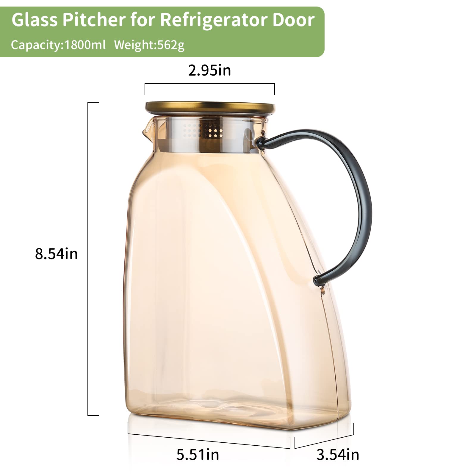 Bincoo Glass Pitcher for Fridge Door,1.8 Liter/60oz Glass Pitcher with Lid,Iced Tea Pitcher Lemonade Pitcher Easy Clean Heat Resistant Glass Jug for Juice,Coffee (1800ML Champagne)